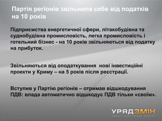Партія регіонів звільнила себе від податків
на 10 років
Підприємства енергетичної сфери, літакобудівна та
суднобудівна промисловість, легка промисловість і
готельний бізнес - на 10 років звільняються від податку
на прибуток.
Звільняються від оподаткування нові інвестиційні
проекти у Криму – на 5 років після реєстрації.
Вступив у Партію регіонів – отримав відшкодування
ПДВ: влада автоматично відшкодує ПДВ тільки «своїм».
 