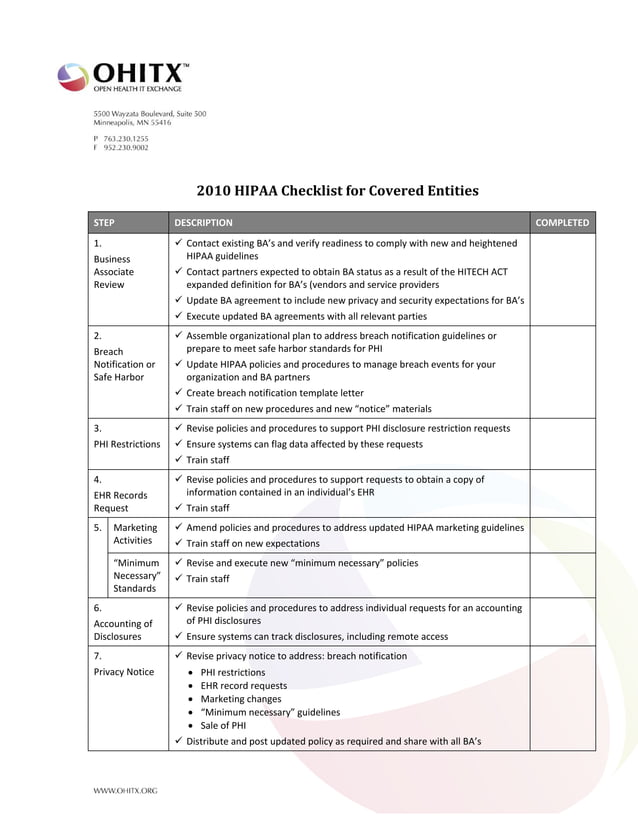 2010 New Guidelines Hipaa Checklist V1 | PDF