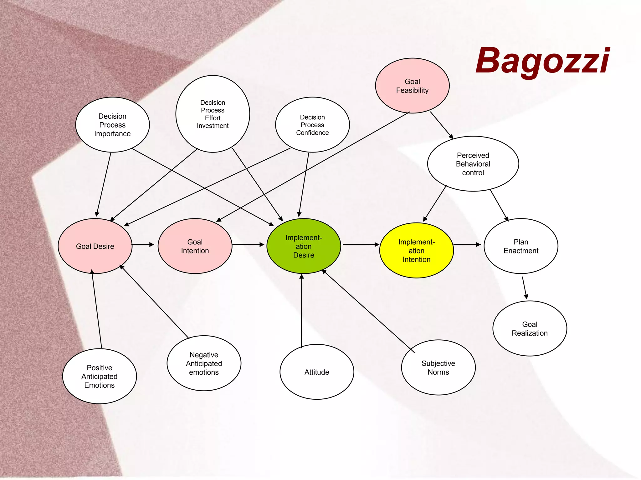 Bagozzi
Decision
Process
Importance
Decision
Process
Effort
Investment
Decision
Process
Confidence
Goal
Feasibility
Perceived
Behavioral
control
Goal Desire
Goal
Intention
Implement-
ation
Desire
Implement-
ation
Intention
Plan
Enactment
Positive
Anticipated
Emotions
Negative
Anticipated
emotions Attitude
Subjective
Norms
Goal
Realization
 