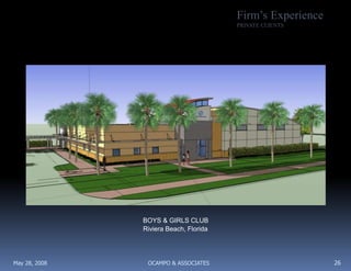 11   Firm’s ExperienceDEVELOPER CLIENTSSanta Luz Square is a 64 unit Condominium Project located in Lee County, Ft. Myers, Florida.  The project is a Design-Build consisting of 16 buildings of four units each, two over two, all with 2 car garages.  The project cost $10,000,000 inclusive of site work.  This project is located in the Gated WCI Community of Gateway.  A significant design feature is the courtyard entrance for all unit in the development.OCAMPO & ASSOCIATES