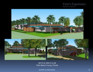 12Firm’s ExperienceRESIDENTIAL CLIENTSKOELLING RESIDENCE 2008A 5,700 SF Waterfront Residence in Preliminarily Design Stage.  Sketches allow quick volumetric analysis and visualization for client review.  Primary retirement home with 2nd floor main activity / living area. Contemporary design with arched glue laminated beams roof structure over looking the Manatee Pocket Bay of the St. Lucie River in Stuart, Fl.Koelling Residence-SketchPrivate Waterfront Residence Stuart, Fl.OCAMPO & ASSOCIATES