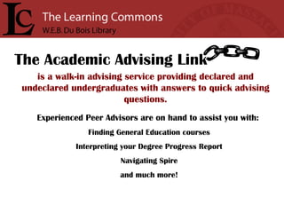 is a walk-in advising service providing declared and undeclared undergraduates with answers to quick advising questions. Experienced Peer Advisors are on hand to assist you with:   Finding General Education courses Interpreting your Degree Progress Report Navigating Spire and much more! The Academic Advising Link 