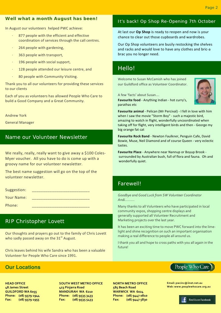 People Who Care Inc. 2010 October Volunteer newsletter