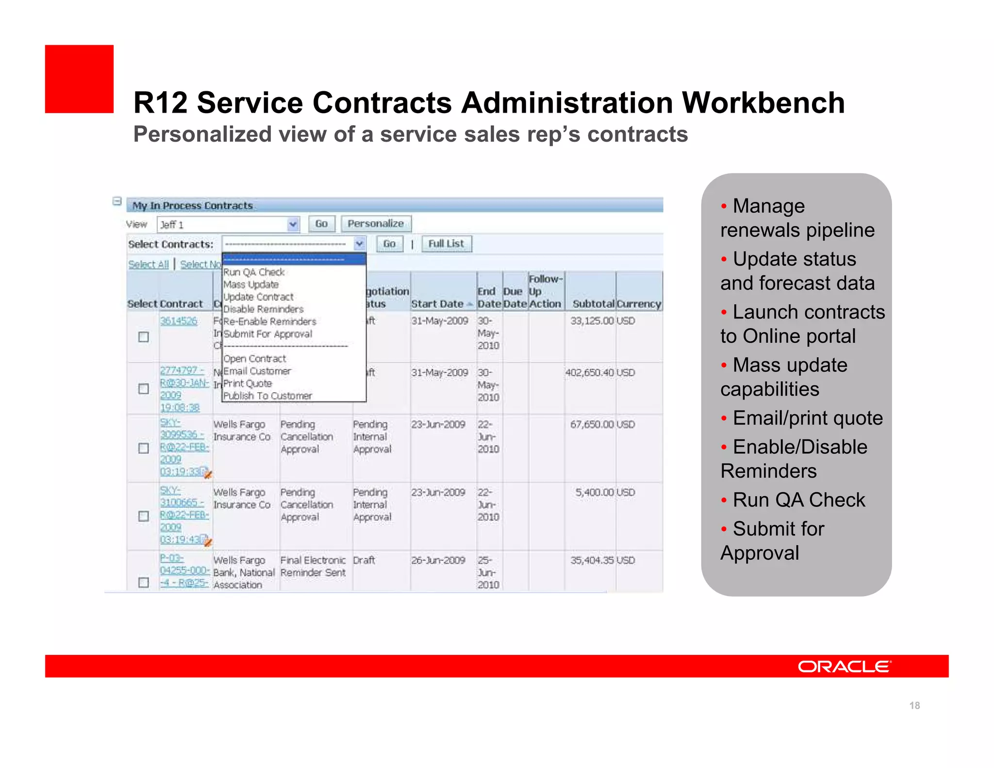 R12 Service Contracts Administration Workbench
Personalized view of a service sales rep’s contracts


                                                       • Manage
                                                       renewals pipeline
                                                       • Update status
                                                       and forecast data
                                                       • Launch contracts
                                                       to Online portal
                                                       • Mass update
                                                       capabilities
                                                       • Email/print quote
                                                       • Enable/Disable
                                                       Reminders
                                                       • Run QA Check
                                                       • Submit for
                                                       Approval




                                                                             18
 
