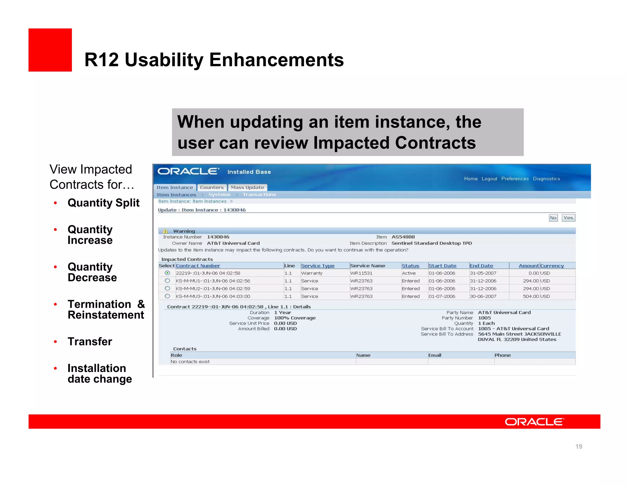 R12 Usability Enhancements


                   When updating an item instance, the
                   user can review Impacted Contracts
View Impacted
Contracts for…
• Quantity Split

• Quantity
  Increase

• Quantity
  Decrease

• Termination &
  Reinstatement

• Transfer

• Installation
  date change




                                                         19
 
