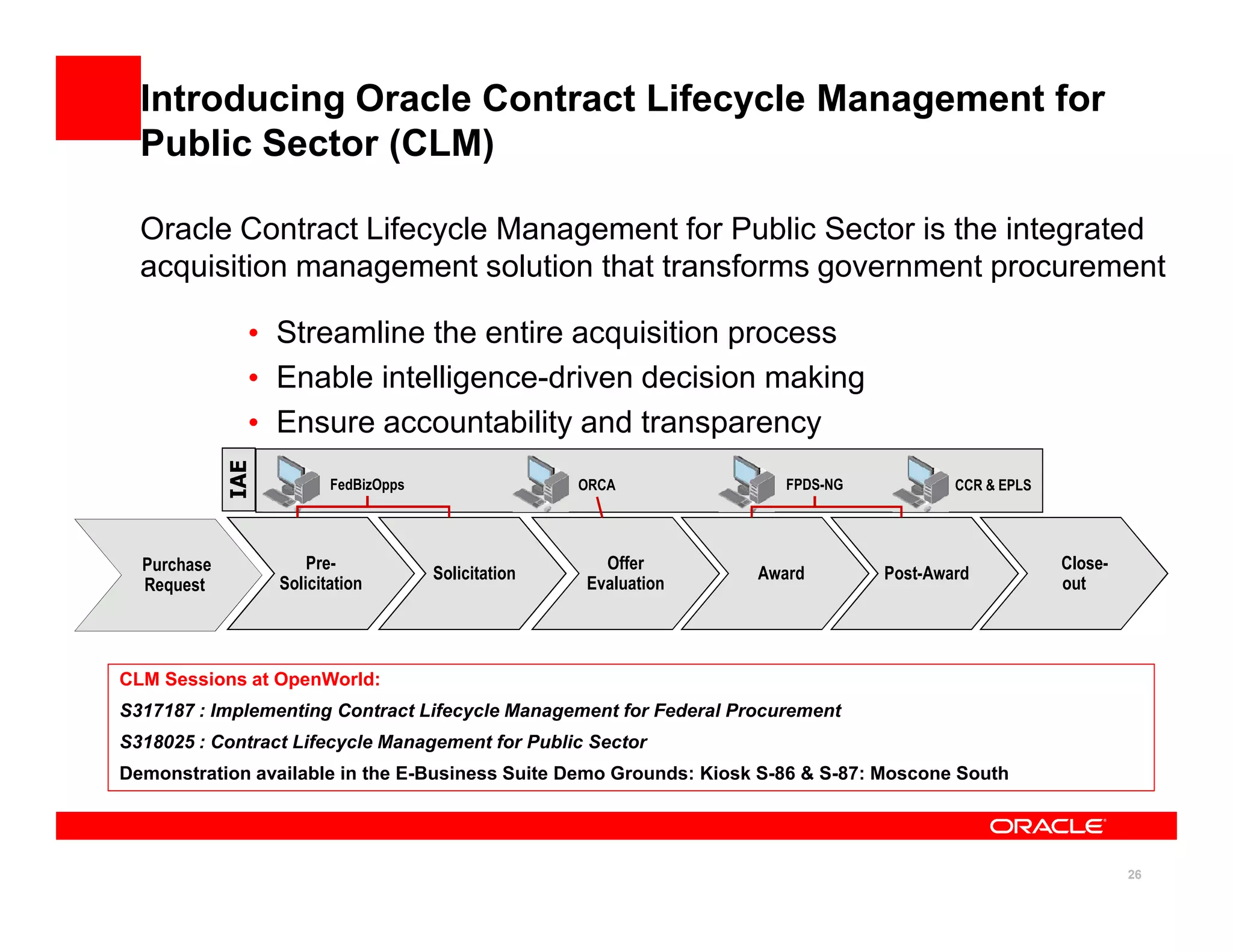 Introducing Oracle Contract Lifecycle Management for
  Public Sector (CLM)

  Oracle Contract Lifecycle Management for Public Sector is the integrated
  acquisition management solution that transforms government procurement

               • Streamline the entire acquisition process
               • Enable intelligence-driven decision making
               • Ensure accountability and transparency
             IAE




                          FedBizOpps                  ORCA            FPDS-NG           CCR & EPLS




  Purchase             Pre-                             Offer                                        Close-
                                       Solicitation                Award        Post-Award
  Request          Solicitation                       Evaluation                                     out




CLM Sessions at OpenWorld:
S317187 : Implementing Contract Lifecycle Management for Federal Procurement
S318025 : Contract Lifecycle Management for Public Sector
Demonstration available in the E-Business Suite Demo Grounds: Kiosk S-86 & S-87: Moscone South




                                                                                                              26
 