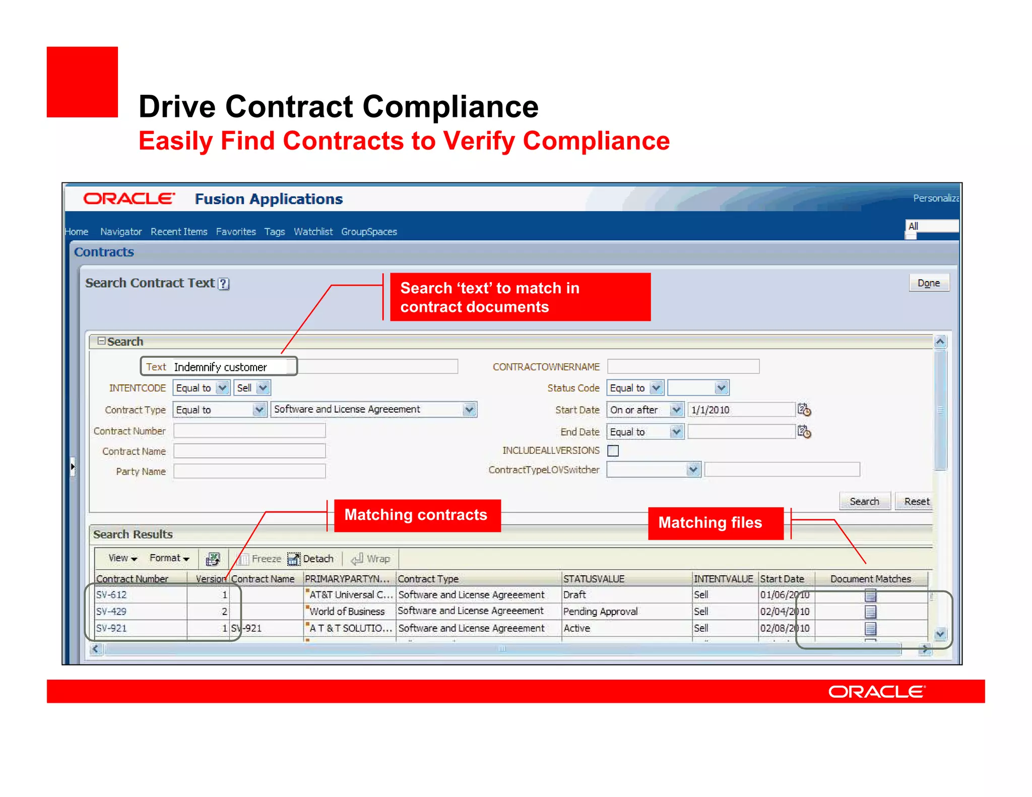 Drive Contract Compliance
Easily Find Contracts to Verify Compliance




                       Search ‘text’ to match in
                       contract documents




                Matching contracts
                                                   Matching files
 
