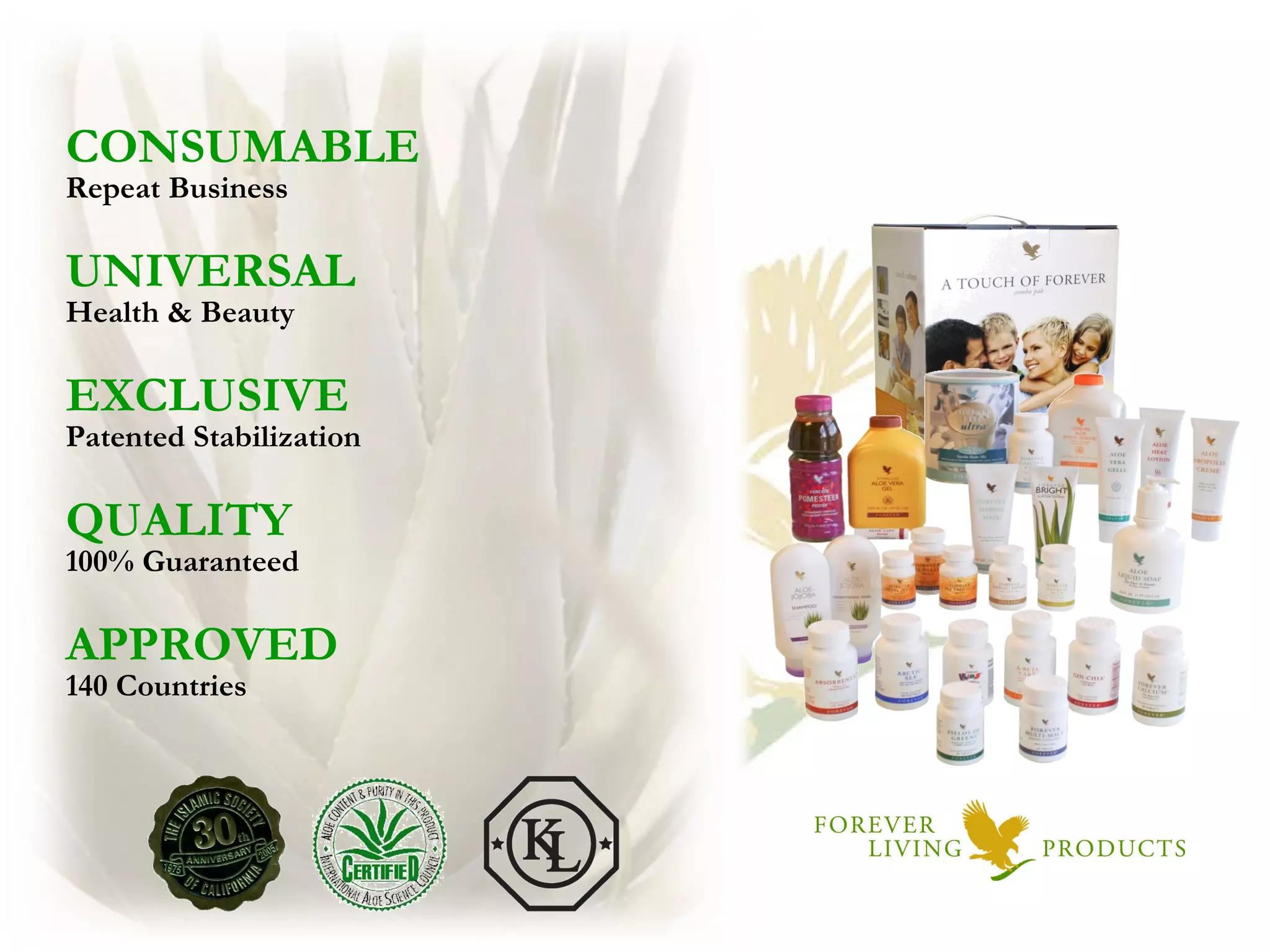 CONSUMABLE Repeat Business UNIVERSAL Health & Beauty EXCLUSIVE Patented Stabilization QUALITY 100% Guaranteed APPROVED 140 Countries 