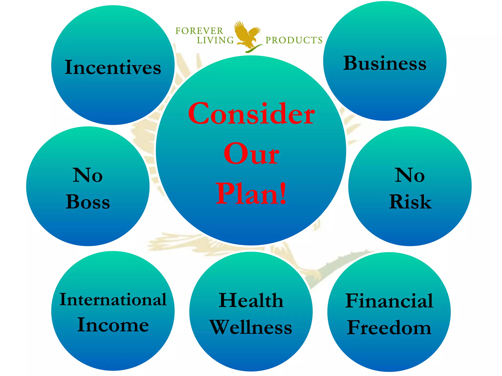 Consider Our Plan! Incentives No Boss International Income Health Wellness No Risk Financial Freedom Business 