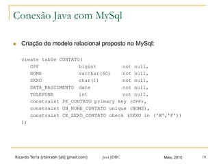 Ricardo Terra (rterrabh [at] gmail.com) Maio, 2010Java JDBC 10
Conexão Java com MySql
n  Criação do modelo relacional proposto no MySql:
create table CONTATO(
CPF bigint not null,
NOME varchar(60) not null,
SEXO char(1) not null,
DATA_NASCIMENTO date not null,
TELEFONE int not null,
constraint PK_CONTATO primary key (CPF),
constraint UN_NOME_CONTATO unique (NOME),
constraint CK_SEXO_CONTATO check (SEXO in ('M','F'))
);
 