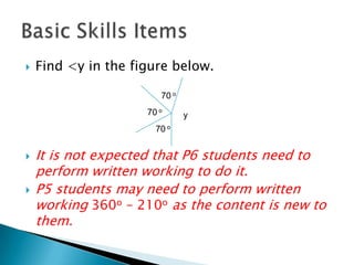 Find <y in the figure below.It is not expected that P6 students need to perform written working to do it.P5 students may need to perform written working 360o – 210oas the content is new to them.Basic Skills Items70 o70 oy70 o