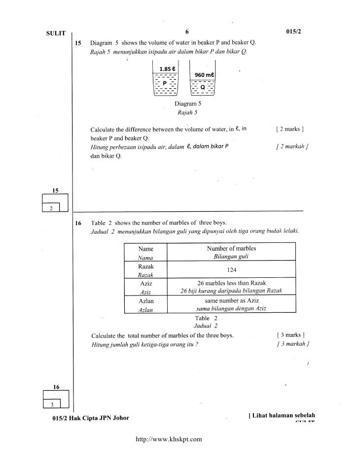 Soalan Percubaan UPSR Matematik