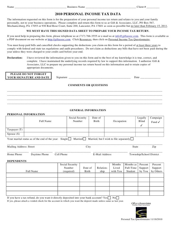 2010 Personal In E Tax Questionnaire