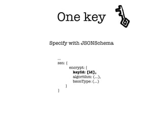 One key
Specify with JSONSchema
…
ssn: {
encrypt: {
keyId: [id],
algorithm: (…),
bsonType: (…)
}
}
 