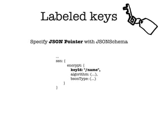 Labeled keys
Specify JSON Pointer with JSONSchema
…
ssn: {
encrypt: {
keyId: "/name",
algorithm: (…),
bsonType: (…)
}
}
 