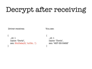 {
_id: 1
name: "Doris",
ssn: BinData(6, "a10x…")
}
Driver receives: You see:
{
_id: 1
name: "Doris",
ssn: "457-55-5462"
}
Decrypt after receiving
 