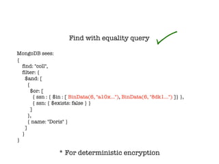 Find with equality query
* For deterministic encryption
MongoDB sees:
{
find: "coll",
filter: {
$and: [
{
$or: [
{ ssn : { $in : [ BinData(6, "a10x…"), BinData(6, "8dk1…") ]} },
{ ssn: { $exists: false } }
]
},
{ name: "Doris" }
]
}
}
 