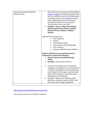 improvement over the past few                        which the function or structure of the affected
decades (trend)                                      tissues or organs will progressively deteriorate
                                                     over time, whether due to normal bodily wear
                                                     or lifestyle choices such as exercise or eating
                                                     habits. Degenerative diseases can also be
                                                     inherited by children from their parents-
                                                     “Heart Disease runs in my family”
                                               •     Examples: Cancer, strokes, heart disease,
                                                     obesity, parkinsonism disease, Lu Gerhig
                                                     Disease, Alsimurs, diabetes, Multiple
                                                     Sclerosis

                                           High CDR Low Life Expectancy
                                                      • Poor healthcare
                                                      • Disease
                                                      • Famine (lack of food)
                                                      • Poor access to safe drinking water
                                                      • Poor sanitation
                                                      • And poor shelter/housing conditions

                                           People in LEDCS are more frequently victims of
                                           water-borne or Vector-borne diseases…
                                              • Diseases that are transmitted through
                                                   Water..
                                              • Examples: Cholera, gastroenteritis

                                               •     A vector-borne disease is one in which the
                                                     pathogenic microorganism is transmitted from
                                                     an infected individual to another individual by
                                                     an arthropod or other agent, sometimes with
                                                     other animals serving as intermediary hosts.
                                                     (Mosquitoes spread Malaria)
                                               •     Examples: Malaria, River Blindness, AIDs,
                                                     dysentery, salmonella, swine flu, SARS, small
                                                     pox, ecoli, bubonic plague, diphtheria,



http://www.unicef.org/infobycountry/index.html

Pick a country and use the “statistics” hyperlink.
 