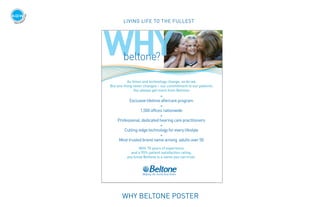why beltone? poster
CONCEPT ONE
LIVING LIFE TO THE FULLEST
•
Exclusive lifetime aftercare program
•
1,500 offices nationwi...