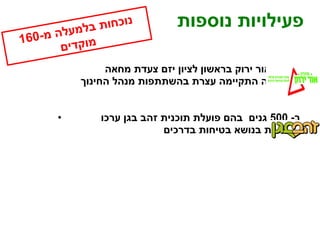 פעילויות נוספות מועדון אור ירוק בראשון לציון יזם צעדת מחאה שבסיומה התקיימה עצרת בהשתתפות מנהל החינוך  בעיר ב - 500  גנים  בהם פועלת תוכנית זהב בגן ערכו פעילויות בנושא בטיחות בדרכים נוכחות בלמעלה מ -160  מוקדים 