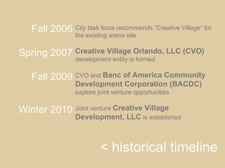 Fall 2006 City task force recommends “Creative Village” for
                 the existing arena site

Spring 2007 Creative Village Orlando, LLC (CVO)
                 development entity is formed

   Fall 2009 CVO and Banc of America Community
                 Development Corporation (BACDC)
                 explore joint venture opportunities

Winter 2010 Joint venture Creative Village
                 Development, LLC is established



                          < historical timeline
 