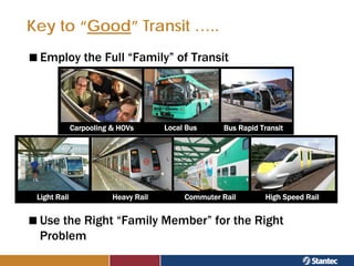 Key to “Good” Transit …..
  Employ the Full “Family” of Transit




              Carpooling & HOVs       Local Bus     Bus Rapid Transit




 Light Rail              Heavy Rail        Commuter Rail       High Speed Rail


 Use the Right “Family Member” for the Right
 Problem
 