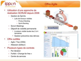 Offre Agile

•   Utilisation d’une approche de
    réalisation SCRUM depuis 2006
     – Gestion de Sprints
          • Lots de travaux visibles
               – Product Backlog
               – Sprint Backlog
     – Scrum Meetings
     – Objectif de visibilité permanente
          • Livraison visible toutes les 2 à 4
            semaines
          • Gestion préventive des dérives
•   Offre outillée
     – Agilo / Trac (OSS)
     – Atlassian (éditeur)
•   Plusieurs types de contrats
     – Par itération
     – Forfait « Change for free »
     – Centre de services
                                                               10
 