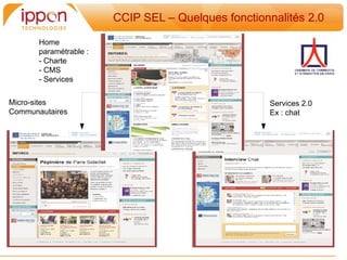CCIP SEL – Quelques fonctionnalités 2.0

       Home
       paramétrable :
       - Charte
       - CMS
       - Services


Micro-sites                                         Services 2.0
Communautaires                                      Ex : chat
 