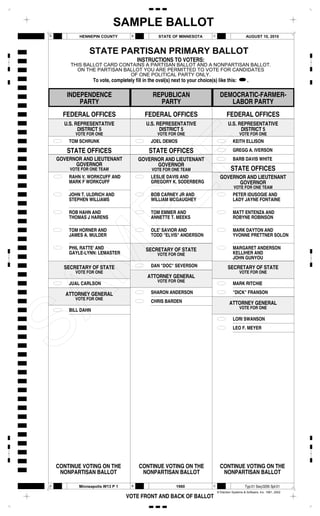 SAMPLE BALLOT
A           HENNEPIN COUNTY            B             STATE OF MINNESOTA          C                       AUGUST 10, 2010



                 STATE PARTISAN PRIMARY BALLOT
                                           INSTRUCTIONS TO VOTERS:
         THIS BALLOT CARD CONTAINS A PARTISAN BALLOT AND A NONPARTISAN BALLOT.
           ON THE PARTISAN BALLOT YOU ARE PERMITTED TO VOTE FOR CANDIDATES
                             OF ONE POLITICAL PARTY ONLY.
                    To vote, completely fill in the oval(s) next to your choice(s) like this:       R.

       INDEPENDENCE                               REPUBLICAN                           DEMOCRATIC-FARMER-
           PARTY                                    PARTY                                 LABOR PARTY
      FEDERAL OFFICES                         FEDERAL OFFICES                              FEDERAL OFFICES
      U.S. REPRESENTATIVE                     U.S. REPRESENTATIVE                           U.S. REPRESENTATIVE
            DISTRICT 5                              DISTRICT 5                                    DISTRICT 5
          VOTE FOR ONE                              VOTE FOR ONE                                     VOTE FOR ONE
        TOM SCHRUNK                              JOEL DEMOS                                     KEITH ELLISON

       STATE OFFICES                            STATE OFFICES                                   GREGG A. IVERSON
    GOVERNOR AND LIEUTENANT                GOVERNOR AND LIEUTENANT                              BARB DAVIS WHITE
          GOVERNOR                               GOVERNOR
        VOTE FOR ONE TEAM                        VOTE FOR ONE TEAM                            STATE OFFICES
        RAHN V. WORKCUFF AND                     LESLIE DAVIS AND                      GOVERNOR AND LIEUTENANT
        MARK F WORKCUFF                          GREGORY K. SODERBERG                        GOVERNOR
                                                                                                 VOTE FOR ONE TEAM
        JOHN T. ULDRICH AND                      BOB CARNEY JR AND                              PETER IDUSOGIE AND
        STEPHEN WILLIAMS                         WILLIAM MCGAUGHEY                              LADY JAYNE FONTAINE

        ROB HAHN AND                             TOM EMMER AND                                  MATT ENTENZA AND
        THOMAS J HARENS                          ANNETTE T. MEEKS                               ROBYNE ROBINSON

        TOM HORNER AND                           OLE' SAVIOR AND                                MARK DAYTON AND
        JAMES A. MULDER                          TODD "ELVIS" ANDERSON                          YVONNE PRETTNER SOLON

        PHIL RATTE' AND                       SECRETARY OF STATE                                MARGARET ANDERSON
        GAYLE-LYNN: LEMASTER                        VOTE FOR ONE                                KELLIHER AND
                                                                                                JOHN GUNYOU
      SECRETARY OF STATE                         DAN "DOC" SEVERSON                         SECRETARY OF STATE
          VOTE FOR ONE                                                                               VOTE FOR ONE
                                               ATTORNEY GENERAL
                                                    VOTE FOR ONE
        JUAL CARLSON                                                                            MARK RITCHIE

       ATTORNEY GENERAL                          SHARON ANDERSON                                "DICK" FRANSON
          VOTE FOR ONE
                                                 CHRIS BARDEN                                ATTORNEY GENERAL
                                                                                                     VOTE FOR ONE
        BILL DAHN
                                                                                                LORI SWANSON
                                                                                                LEO F. MEYER




    CONTINUE VOTING ON THE                 CONTINUE VOTING ON THE                      CONTINUE VOTING ON THE
     NONPARTISAN BALLOT                     NONPARTISAN BALLOT                          NONPARTISAN BALLOT

A           Minneapolis W13 P 1        B                      1960               C                       Typ:01 Seq:0295 Spl:01
                                                                                     © Election Systems & Software, Inc. 1981, 2002
                                    VOTE FRONT AND BACK OF BALLOT
 
