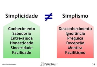Simplicidade           Simplismo

           Conhecimento     Desconhecimento
             Sabedoria         Ignorância
            Entre-ajuda         Preguiça
            Honestidade         Decepção
            Sinceridade          Mentira
             Facilidade        Facilitismo

© Profitability Engineers                     36
 
