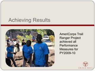 Achieving ResultsAmeriCorps Trail Ranger Project achieved all Performance Measures for PY2009-10