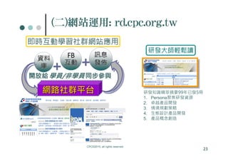 (二)網站運用: rd.cpc.org.tw
即時互動學習社群網站應用
                                            研發大師輕鬆讀
      FB        訊息
 資料
      互動        發佈
  庫
開放給 學員/非學員 同步參與

  網路社群平台                                   研發知識精萃摘要99年已發5冊
                                           1. Persona聚焦研發資源
                                           2. 卓越產品開發
                                           3. 情境規劃策略
                                           4. 生態設計產品開發
                                           5. 產品概念創造




           CPC©2010, all rights reserved
                                                              23
 