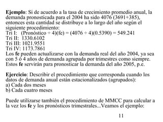 Ejemplo: Si de acuerdo a la tasa de crecimiento promedio anual, la
demanda pronosticada para el 2004 ha sido 4076 (3691+385),
entonces esta cantidad se distribuye a lo largo del año según el
siguiente procedimiento:
Tri I: (Pronóstico ÷ 4)(fe) = (4076 ÷ 4)(0.5390) = 549.241
Tri II: 1330.6102
Tri III: 1021.9551
Tri IV: 1173.7861
Los fe pueden actualizarse con la demanda real del año 2004, ya sea
con 5 ó 4 años de demanda agrupada por trimestres como siempre.
Estos fe servirán para pronosticar la demanda del año 2005, p.e.
Ejercicio: Describir el procedimiento que corresponda cuando los
datos de demanda anual están estacionalizados (agrupados):
a) Cada dos meses
b) Cada cuatro meses
Puede utilizarse también el procedimiento de MMCC para calcular a
la vez los fe y los pronósticos trimestrales...Veamos el ejemplo:
                                                  11
 