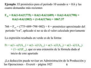 Ejemplo: El pronóstico para el periodo 10 usando α = 0.6 y las
cuatro demandas más recientes

F10 = 0.6(1-0.6)0(775) + 0.6(1-0.6)1(689) + 0.6(1-0.6)2(798) +
      0.6(1-0.6)3(802) + (1-0.6)4(766) = 1067.37

766 = Ft-4 = (775+689+798+802) ÷ 4 = pronóstico aproximado del
 periodo “t-n”, aplicado si no se da el valor calculado previamente

La expresión resaltada en verde es de la forma:

Ft = α(1- α)0(At-1) + α(1- α)1(At-2) + α(1- α)2(At-3) + α(1- α)3(At-4)
     + (1- α)4(Ft-4), que es una extensión de la fórmula dada al
     inicio de este apartado

 ¡La deducción puede revisar en Administración de la Producción y
las Operaciones – Everett – página 102!          6
 