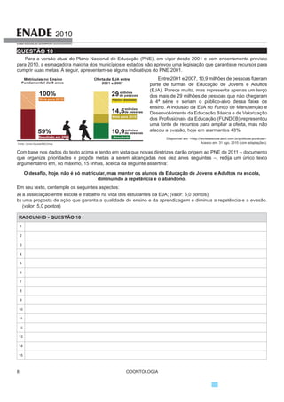 ODONTOLOGIA 
2010
EXAME NACIONAL DE DESEMPENHO DOS ESTUDANTES
QUESTÃO 6
Levantamento feito pelo jornal Folha de S. Paulo e publicado em 11 de abril de 2009, com base em dados de 2008,
revela que o índice de homicídios por 100 mil habitantes no Brasil varia de 10,6 a 66,2. O levantamento inclui dados
GH  HVWDGRV H GR 'LVWULWR )HGHUDO 'H DFRUGR FRP D 2UJDQL]DomR 0XQGLDO GD 6D~GH 206 
