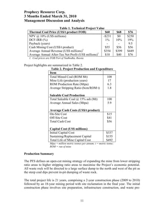 Prophecy Resource Corp.
3 Months Ended March 31, 2010
Management Discussion and Analysis
                        Table 1. Technical Project Value
   Thermal Coal Price (US$/t product FOB)                $60                     $68    $76
   NPV @ 10% (US$ millions)                            -$231                     $0    $250
   DCF-IRR (%)                                           1%                     10%    19%
   Payback (years)                                        -                       -     9.5
   Cash Mining Cost (US$/t product)                      $55                     $56    $56
   Average Annual Revenue (US$ millions)1               $354                    $399   $449
   Average Annual After-Tax Net Profit (US$ millions)1   $10                     $40    $76
   1. Coal prices are FOB Port of Nadhodka, Russia

Project highlights are summarized in Table 2.
                      Table 2. Project Production and Expenditure
                     Item
                     Total Mined Coal (ROM Mt)               108
                     Mine Life (production years)             17
                     ROM Production Rate (Mtpa)              6.3
                     Average Stripping Ratio (bcm/ROM t)     1.8

                    Saleable Coal Production
                    Total Saleable Coal @ 15% ash (Mt)                 100
                    Average Annual Sales (Mtpa)                        5.9

                    Average Cash Costs (US$/t product)
                    On-Site Cost                                       $15
                    Off-Site Cost                                      $41
                    Total Cash Cost                                    $56

                    Capital Cost (US$ millions)
                    Initial Capital Cost                              $337
                    Sustaining/Replacement Capital                    $155
                    Total Life of Mine Capital Cost                   $492
                    Mtpa = million metric tonnes per annum; t = metric tonne;
                    ROM = run of mine

Production Summary

The PFS defines an open-cut mining strategy of expanding the mine from lower stripping
ratio areas to higher stripping ratio areas to maximise the Project’s economic potential.
All waste rock will be directed to a large surface dump to the north and west of the pit as
the steep coal dips prevent in-pit dumping of waste rock.

The total project life is 21 years, comprising a 2-year construction phase (2009 to 2010)
followed by an 18-year mining period with site reclamation in the final year. The initial
construction phase involves site preparation, infrastructure construction, and waste pre-



                                               11
 