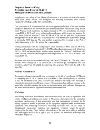 Prophecy Resource Corp.
3 Months Ended March 31, 2010
Management Discussion and Analysis
stripping and stockpiling of coal. Major infrastructure to be constructed on site includes a
wash plant, power station, coal stockpiles and handling equipment, mine offices,
equipment workshops, and a staff camp facility.

Coal processing will be conducted on site with approximately 60% of the coal crushed
and placed directly on the product stockpile and the remainder beneficiated using a wash
plant. Average wash plant yield has been estimated at 80%. The initial three production
years (2011 to 2013) will target higher quality coal seams which require no washing for
sale. From 2016 on, between 2.5 and 4.8 Mt of ROM coal per year will be processed
through the wash plant. The final coal product will be a thermal coal of moderate energy
at nominally 5,000 kcal/kg. The coal product is proposed to be railed to the Port of
Nadhodka starting in 2011 for sale on the export market.

Mining commences with the stockpiling of small amounts of ROM coal in 2010 and
saleable coal production begins in 2011. ROM coal production increases to 6 Mtpa from
2012 to 2015 and targets higher quality seams suitable for “by-pass” and direct sale.
From 2016 on, annual ROM coal production ranges from 6.5 to 7 Mt to achieve a coal
product of 6 Mt.

The mine plan indicates an overall stripping ratio (bcm/ROM t) of 1.8:1. The strip ratio is
initially above average at > 2.5 (bcm/ROM t) to establish pit development and coal
inventory. After Year 11 (2021), the stripping ratio averages 0.8:1 until the end of the
mine life.

Potential Mineable Coal

The quantity of open-pit mineable coal is estimated at 108 Mt of run-of-mine (ROM) coal
at a stripping ratio of 1.8 to 1 (waste bcm: coal ROM t). The saleable product is estimated
at 100 Mt of thermal coal. Only Measured and Indicated resources were included to
calculate the potential mineable coal resource. Reserve status has not been assigned to the
potentially mineable resource due to the current uncertainty with coal price forecasts and
has hence been defined as > potential mineable quantities of coal.

Workforce

The mining workforce requirements were estimated based on MMC‘s experience with
similar sized projects and previous studies in Mongolia. Joharko provided the wash plant
workforce requirements. A key assumption was that maintenance personnel for the
mining equipment would be provided by the equipment suppliers under a maintenance
agreement. The remaining workforce, including sufficient staff for all levels of
management, supervision, planning, and equipment operation would be directly
employed by the mine. Table 3 shows a breakdown of the total site workforce including
staff and support services for a typical year. In general, the workforce will range from
500 to 600 employees.



                                            12
 