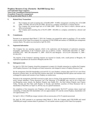 Prophecy Resource Corp. (Formerly - Red Hill Energy Inc.)
(An Exploration Stage Company)
Notes to the Consolidated Financial Statements
(Unaudited, Prepared by management)
For the period ended March 31, 2010

9.      Related Party Transactions

        (a)      The Company has paid accounting fees of $6,000 (2009 - $3,000), management consulting fees of $15,000
                 (2009 - $10,500), and rent of $9,165 (2009 - $9,165) to a company controlled by a common director.
        (b)      The Company has accured legal fees of $173,000 (2009 - $Nil) to law firms in which a director and an
                 officer are principals.
        (c)      The Company paid consulting fees of $5,472 (2009 - $42,460) to a company controlled by a director and
                 officer.

10.     Commitments

        Pursuant to an agreement dated March 5, 2010, the Company was granted the option to purchase a 2% net smelter
        returns royalty on the Ulaan Ovoo property for a payment of US$130,000 and issuance of 2,000,000 post arrangement
        common shares. The option was exercised on April 30, 2010.

11.     Segmented information

        The Company has one operating segment, which is the exploration and development of exploration properties.
        Geographic segmentation of the Company's assets are as follows: Canada - $4,824,3666 (December 31, 2009 -
        $169,896) USA - $607,700 (December 31, 2009 - $528,787) and Mongolia - $15,512,591 (December 31, 2009 -
        $15,461,925).

        The majority of the Company's operating expenses are incurred in Canada, with a small portion in Mongolia. All
        exploration expenditures are incurred in Mongolia and the USA.

12.     Subsequent events

        On April 16, 2010, the Company closed the arrangement in respect of a friendly transaction to combine the Company
        with Prophecy Resource Corp. through an all share transaction, and changed its name to Prophecy Resource Corp.

        Per the arrangement, Red Hill shareholders received 0.92 of a new Prophecy common share and 0.25 of a new Elissa
        Resources common share, for each Red Hill common share held. All outstanding Red Hill options and warrants were
        exchanged for options and warrants of new Prophecy on similar terms.

        Pursuant to the arrangement, Red Hill exercised its right, prior to closing of the proposed transaction, to transfer to a
        newly formed subsidiary ("Elissa Resources Ltd.") the following: (i) $1,000,000 cash, and (ii) all of Red hill's
        non-Mongolian assets, namely, the Banbury Property near Hedley B.C., the Red Lithium Property near Clayton
        Valley, Nevada and Thor Rare earth Property in Nevada, and distribute securities of Elissa Resources Ltd. to
        shareholders of Red Hill as of April 16, 2010 by way of a spinoff mechanism.

        On completion of the transaction new Prophecy will have approximately 96,672,977 common shares issued and
        outstanding, of which Red Hill shareholders will own approximately 63% and the current Prophecy shareholders will
        own approximately 37%.

        On April 3, 2010, 3,750,000 pre merger warrants with an exercise price of $1.25 expired unexercised.

        On April 30, 2010, pursuant to an agreement dated March 5, 2010, the Company paid US$130,000 and issued
        2,000,000 post merger common shares to purchase a 2% net smelter returns royalty on the Ulaan Ovoo property.
 