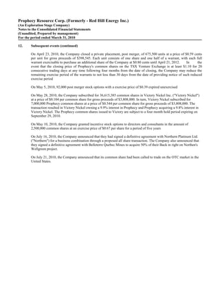 Prophecy Resource Corp. (Formerly - Red Hill Energy Inc.)
(An Exploration Stage Company)
Notes to the Consolidated Financial Statements
(Unaudited, Prepared by management)
For the period ended March 31, 2010

12.     Subsequent events (continued)

        On April 23, 2010, the Company closed a private placement, post merger, of 675,500 units at a price of $0.59 cents
        per unit for gross proceeds of $398,545. Each unit consists of one share and one half of a warrant, with each full
        warrant exercisable to purchase an additional share of the Company at $0.80 cents until April 21, 2012.   In     the
        event that the closing price of Prophecy's common shares on the TSX Venture Exchange is at least $1.10 for 20
        consecutive trading days at any time following four months from the date of closing, the Company may reduce the
        remaining exercise period of the warrants to not less than 30 days from the date of providing notice of such reduced
        exercise period

        On May 5, 2010, 92,000 post merger stock options with a exercise price of $0.39 expired unexercised

        On May 28, 2010, the Company subscribed for 36,615,385 common shares in Victory Nickel Inc. ("Victory Nickel")
        at a price of $0.104 per common share for gross proceeds of $3,808,000. In turn, Victory Nickel subscribed for
        7,000,000 Prophecy common shares at a price of $0.544 per common share for gross proceeds of $3,808,000. The
        transaction resulted in Victory Nickel owning a 9.9% interest in Prophecy and Prophecy acquiring a 9.8% interest in
        Victory Nickel. The Prophecy common shares issued to Victory are subject to a four month hold period expiring on
        September 29, 2010.

        On May 10, 2010, the Company granted incentive stock options to directors and consultants in the amount of
        2,500,000 common shares at an exercise price of $0.67 per share for a period of five years

        On July 16, 2010, the Company announced that they had signed a definitive agreement with Northern Platinum Ltd.
        ("Northern") for a business combination through a proposed all share transaction. The Company also announced that
        they signed a definitive agreement with Belleterre Quebec Mines to acquire 50% of their Back in right on Northen's
        Wellgreen project.

        On July 21, 2010, the Company announced that its common share had been called to trade on the OTC market in the
        United States.
 