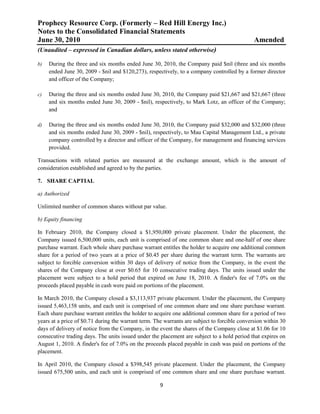 Prophecy Resource Corp. (Formerly – Red Hill Energy Inc.)
Notes to the Consolidated Financial Statements
June 30, 2010                                                                                 Amended
(Unaudited – expressed in Canadian dollars, unless stated otherwise)

b)   During the three and six months ended June 30, 2010, the Company paid $nil (three and six months
     ended June 30, 2009 - $nil and $120,273), respectively, to a company controlled by a former director
     and officer of the Company;

c)   During the three and six months ended June 30, 2010, the Company paid $21,667 and $21,667 (three
     and six months ended June 30, 2009 - $nil), respectively, to Mark Lotz, an officer of the Company;
     and

d)   During the three and six months ended June 30, 2010, the Company paid $32,000 and $32,000 (three
     and six months ended June 30, 2009 - $nil), respectively, to Mau Capital Management Ltd., a private
     company controlled by a director and officer of the Company, for management and financing services
     provided.

Transactions with related parties are measured at the exchange amount, which is the amount of
consideration established and agreed to by the parties.

7. SHARE CAPTIAL

a) Authorized

Unlimited number of common shares without par value.

b) Equity financing

In February 2010, the Company closed a $1,950,000 private placement. Under the placement, the
Company issued 6,500,000 units, each unit is comprised of one common share and one-half of one share
purchase warrant. Each whole share purchase warrant entitles the holder to acquire one additional common
share for a period of two years at a price of $0.45 per share during the warrant term. The warrants are
subject to forcible conversion within 30 days of delivery of notice from the Company, in the event the
shares of the Company close at over $0.65 for 10 consecutive trading days. The units issued under the
placement were subject to a hold period that expired on June 18, 2010. A finder's fee of 7.0% on the
proceeds placed payable in cash were paid on portions of the placement.

In March 2010, the Company closed a $3,113,937 private placement. Under the placement, the Company
issued 5,463,158 units, and each unit is comprised of one common share and one share purchase warrant.
Each share purchase warrant entitles the holder to acquire one additional common share for a period of two
years at a price of $0.71 during the warrant term. The warrants are subject to forcible conversion within 30
days of delivery of notice from the Company, in the event the shares of the Company close at $1.06 for 10
consecutive trading days. The units issued under the placement are subject to a hold period that expires on
August 1, 2010. A finder's fee of 7.0% on the proceeds placed payable in cash was paid on portions of the
placement.

In April 2010, the Company closed a $398,545 private placement. Under the placement, the Company
issued 675,500 units, and each unit is comprised of one common share and one share purchase warrant.

                                                     9
 
