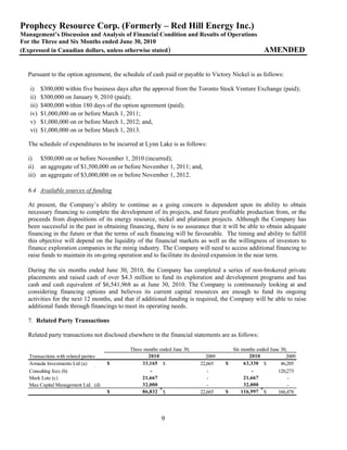 Prophecy Resource Corp. (Formerly – Red Hill Energy Inc.)
Management’s Discussion and Analysis of Financial Condition and Results of Operations
For the Three and Six Months ended June 30, 2010
(Expressed in Canadian dollars, unless otherwise stated)                                           AMENDED


  Pursuant to the option agreement, the schedule of cash paid or payable to Victory Nickel is as follows:

   i)     $300,000 within five business days after the approval from the Toronto Stock Venture Exchange (paid);
   ii)    $300,000 on January 9, 2010 (paid);
   iii)   $400,000 within 180 days of the option agreement (paid);
   iv)    $1,000,000 on or before March 1, 2011;
   v)     $1,000,000 on or before March 1, 2012; and,
   vi)    $1,000,000 on or before March 1, 2013.

  The schedule of expenditures to be incurred at Lynn Lake is as follows:

  i) $500,000 on or before November 1, 2010 (incurred);
  ii) an aggregate of $1,500,000 on or before November 1, 2011; and,
  iii) an aggregate of $3,000,000 on or before November 1, 2012.

  6.4 Available sources of funding

  At present, the Company’s ability to continue as a going concern is dependent upon its ability to obtain
  necessary financing to complete the development of its projects, and future profitable production from, or the
  proceeds from dispositions of its energy resource, nickel and platinum projects. Although the Company has
  been successful in the past in obtaining financing, there is no assurance that it will be able to obtain adequate
  financing in the future or that the terms of such financing will be favourable. The timing and ability to fulfill
  this objective will depend on the liquidity of the financial markets as well as the willingness of investors to
  finance exploration companies in the minig industry. The Company will need to access additional financing to
  raise funds to maintain its on-going operation and to facilitate its desired expansion in the near term.

  During the six months ended June 30, 2010, the Company has completed a series of non-brokered private
  placements and raised cash of over $4.3 million to fund its exploration and development programs and has
  cash and cash equivalent of $6,541,968 as at June 30, 2010. The Company is continuously looking at and
  considering financing options and believes its current capital resources are enough to fund its ongoing
  activities for the next 12 months, and that if additional funding is required, the Company will be able to raise
  additional funds through financings to meet its operating needs.

  7. Related Party Transactions

  Related party transactions not disclosed elsewhere in the financial statements are as follows:

                                            Three months ended June 30,              Six months ended June 30,
   Transactions with related parties               2010                     2009            2010             2009
   Armada Investments g (a) p ( ) $
                         Ltd                     33,165 $                 22,665   $      63,330 $         46,205
   Consulting fees (b)                              -                        -               -            120,273
   Mark Lotz (c)                                 21,667                      -            21,667               -
   Mau Capital Management Ltd. (d)               32,000                      -            32,000               -
                                     $           86,832 $                 22,665   $     116,997 $        166,478




                                                          9
 