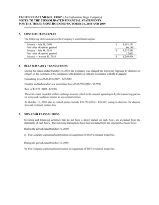 PACIFIC COAST NICKEL CORP. (An Exploration Stage Company)
NOTES TO THE CONSOLIDATED FINANCIAL STATEMENTS
FOR THE THREE MONTHS ENDED OCTOBER 31, 2010 AND 2009


7.   CONTRIBUTED SURPLUS
     The following table summarizes the Company’s contributed surplus:

       Balance – July 31, 2009                                                             $     1,191,131
       Fair value of options granted                                                                66,180
       Balance – July 31, 2010                                                             $     1,257,311
       Fair value of options granted                                                                12,093
       Balance – October 31, 2010                                                          $     1,269,404


8.   RELATED PARTY TRANSACTIONS
     During the period ended October 31, 2010, the Company was charged the following expenses by directors or
     officers of the Company or by companies with directors or officers in common with the Company:
     Consulting fees of $23,158 (2009 – $27,500)
     Director and technical review committee fees of $10,750 (2009 - $3,750)
     Rent of $2,850 (2009 - $2,850)
     These fees were recorded at their exchange amount, which is the amount agreed upon by the transacting parties
     on terms and conditions similar to non-related entities.
     At October 31, 2010, due to related parties include $10,750 (2010 - $26,412) owing to directors for director
     fees and technical review fees.


9.   NON-CASH TRANSACTIONS

     Investing and financing activities that do not have a direct impact on cash flows are excluded from the
     statements of cash flows. The following transactions have been excluded from the statements of cash flows.

     During the period ended October 31, 2010:

     a) The Company capitalized amortization on equipment of $425 to mineral properties.


     During the period ended October 31, 2009:

     b) The Company capitalized amortization on equipment of $467 to mineral properties.
 