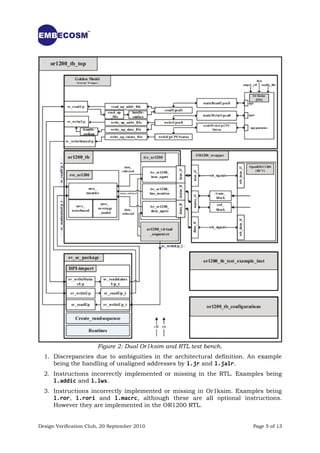 Constrained random test generation was used to create a set of tests to maximize
coverage. Testing uncovered numerous errors where the RTL and Or1ksim
disagreed, which fell into three categories.




                       Figure 2: Dual Or1ksim and RTL test bench.
  1. Discrepancies due to ambiguities in the architectural definition. An example
     being the handling of unaligned addresses by l.jr and l.jalr.
  2. Instructions incorrectly implemented or missing in the RTL. Examples being
     l.addic and l.lws.
  3. Instructions incorrectly implemented or missing in Or1ksim. Examples being
     l.ror, l.rori and l.macrc, although these are all optional instructions.
     However they are implemented in the OR1200 RTL.


Design Verification Club, 20 September 2010                              Page 5 of 13
 