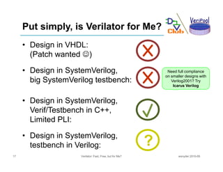 Put simply, is Verilator for Me?
     • Design in VHDL:
       (Patch wanted )

     • Design in SystemVerilog,          ...
