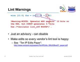 Lint Warnings
       wire [11:0] foo = in[11:0] + 3’b1;

       %Warning-WIDTH: Operator ADD expects                    12...