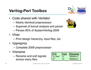 Verilog-Perl Toolbox
     • Code shared with Verilator
       – N l id ti l preprocessor
         Nearly identical
       ...