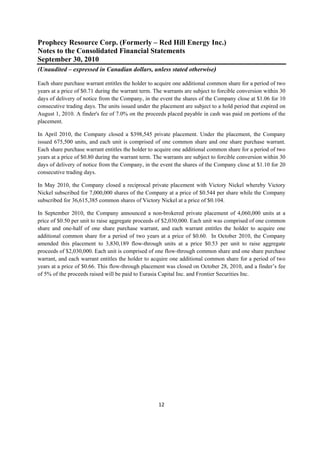 Prophecy Resource Corp. (Formerly – Red Hill Energy Inc.)
Notes to the Consolidated Financial Statements
September 30, 2010
(Unaudited – expressed in Canadian dollars, unless stated otherwise)
 
Each share purchase warrant entitles the holder to acquire one additional common share for a period of two
years at a price of $0.71 during the warrant term. The warrants are subject to forcible conversion within 30
days of delivery of notice from the Company, in the event the shares of the Company close at $1.06 for 10
consecutive trading days. The units issued under the placement are subject to a hold period that expired on
August 1, 2010. A finder's fee of 7.0% on the proceeds placed payable in cash was paid on portions of the
placement.

In April 2010, the Company closed a $398,545 private placement. Under the placement, the Company
issued 675,500 units, and each unit is comprised of one common share and one share purchase warrant.
Each share purchase warrant entitles the holder to acquire one additional common share for a period of two
years at a price of $0.80 during the warrant term. The warrants are subject to forcible conversion within 30
days of delivery of notice from the Company, in the event the shares of the Company close at $1.10 for 20
consecutive trading days.

In May 2010, the Company closed a reciprocal private placement with Victory Nickel whereby Victory
Nickel subscribed for 7,000,000 shares of the Company at a price of $0.544 per share while the Company
subscribed for 36,615,385 common shares of Victory Nickel at a price of $0.104.

In September 2010, the Company announced a non-brokered private placement of 4,060,000 units at a
price of $0.50 per unit to raise aggregate proceeds of $2,030,000. Each unit was comprised of one common
share and one-half of one share purchase warrant, and each warrant entitles the holder to acquire one
additional common share for a period of two years at a price of $0.60. In October 2010, the Company
amended this placement to 3,830,189 flow-through units at a price $0.53 per unit to raise aggregate
proceeds of $2,030,000. Each unit is comprised of one flow-through common share and one share purchase
warrant, and each warrant entitles the holder to acquire one additional common share for a period of two
years at a price of $0.66. This flow-through placement was closed on October 28, 2010, and a finder’s fee
of 5% of the proceeds raised will be paid to Eurasia Capital Inc. and Frontier Securities Inc.




                                                    12 
 
 