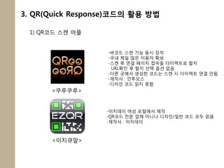 3. QR(Quick Response)코드의 활용 방법

 1) QR코드 스캔 어플


                  -바코드 스캔 기능 동시 장착
                  -국내 제일 많은 이용자 확보
                  -스캔 후 연결 페이지 접속을 다이렉트로 할지
                   URL확인 후 할지 선택 옵션 없음
                  -다른 곳에서 생성한 코드는 스캔 시 다이렉트 연결 안됨
                  -제작사 : 인투모스
                  -디자인 코드 읽지 못함
      <쿠루쿠루>


                  -이지데이 여성 포털에서 제작
                  -QR코드 전문 업체 아니나 디자인/일반 코드 모두 읽음
                  -제작사 : 이지데이



      <이지큐알>
 