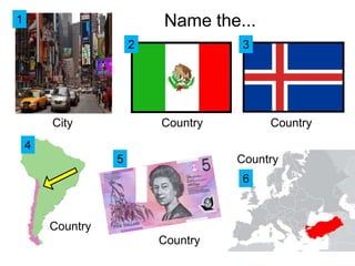 1                         Name the...
                      2             3




        City              Country        Country
    4
                  5                 Country
                                    6



        Country
                          Country
 