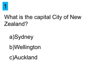 1
What is the capital City of New
Zealand?

    a)Sydney
    b)Wellington
    c)Auckland
 